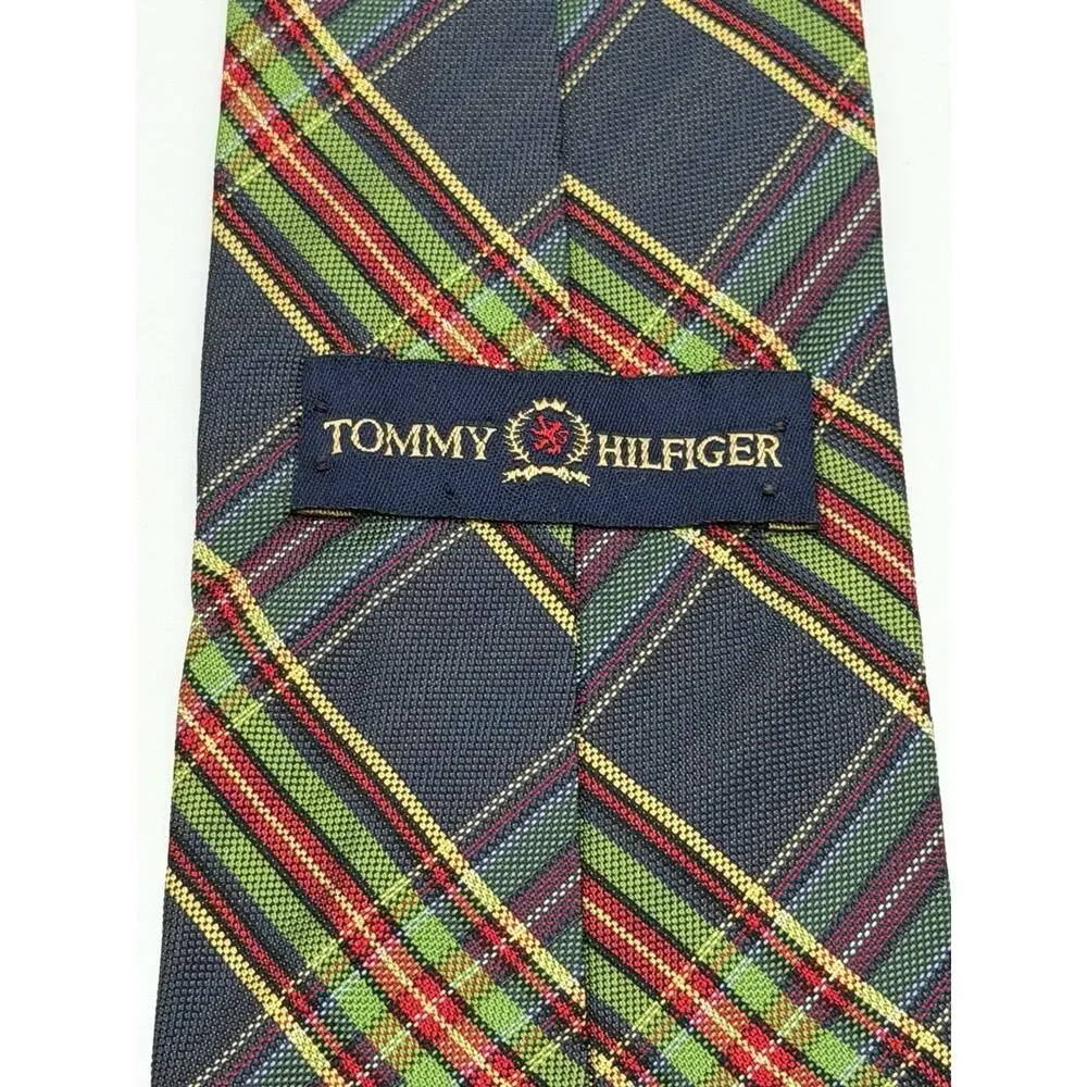 Tommy Hilfiger Mens Tie Plaid Tartan Flag Logo Silk Necktie Multicolor